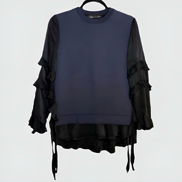 ZARA Navy Blue and Black Satin Contrast Layered Sweater Sweatshirt Blouse Small - Picture 6 of 16
